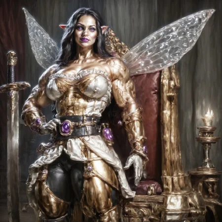 Action scene, Photo realistic, hyper realistic, score_9, rating_safe, solo (arch fey woman, (beautiful detailed face), (violet eyes), (bronze metallic gold skin ral-polishedsteel), (pirate, white blouse, black pants, gloves), (fairy wings), (long black hair), (thick thighs | large muscles), (sword belt)), standing next to a throne, in a detailed throne room, hi res, hi quality, 4k, realism