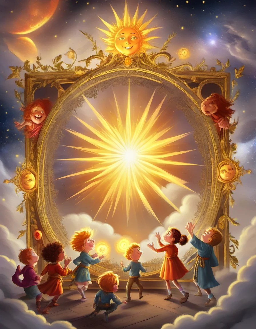 baroque arcane esoteric frame, tarot, The Sun: A radiant sun shines over joyful children, symbolizing enlightenment, happiness, and the celebration of life., sharp focus, detailed, sub surafce scattering, glow, dust, volumetric light <lora:TOONER_1_RC:0.9>