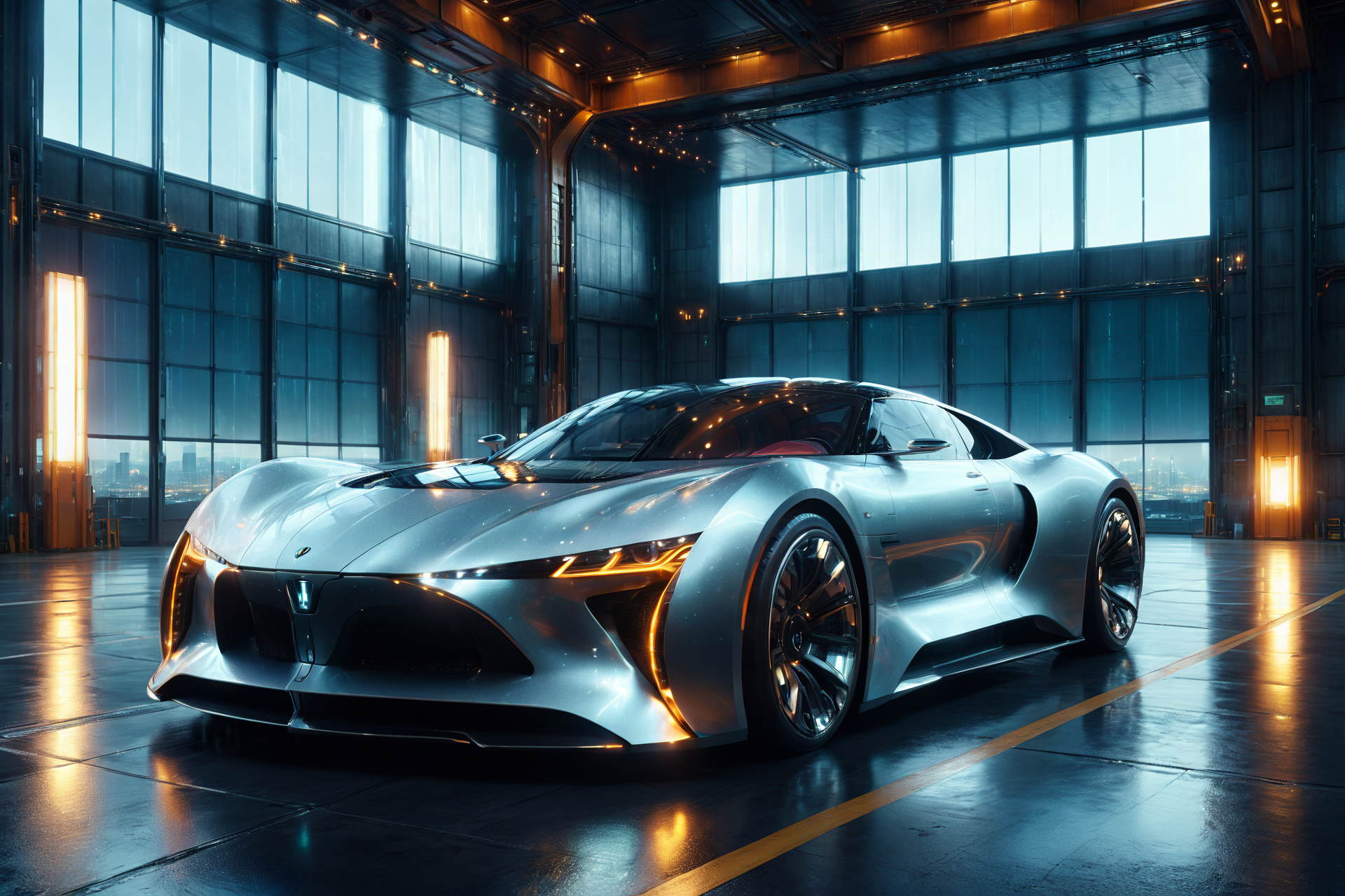 morph-aurora, a futuristic luxury car with premium finish, elegant curves, solo, tinted windows, reflective glass, futuristic bridge, glowing supports, city below, detailed background, parked in a hangar, doors open, lights glowing, action focus, medium shot, a futuristic light post, glowing softly, on the road, best quality, rich colors, realistic style, high detail, high-definition, hyper-realistic, extremely high-resolution details, fine texture, incredibly lifelike, realistic, not fantasy, not anime, not drawing, highres, 4K resolution, source photo, realistic photo, masterpiece, best quality, amazing quality, very aesthetic, ultra-detailed, detailed surfaces, natural metallic tones, soft light, futuristic grey, matte finish, warm light, close-up shot, <lora:add-detail-xl:1> <lora:aurora_0_100_V1-000009:0.65>
