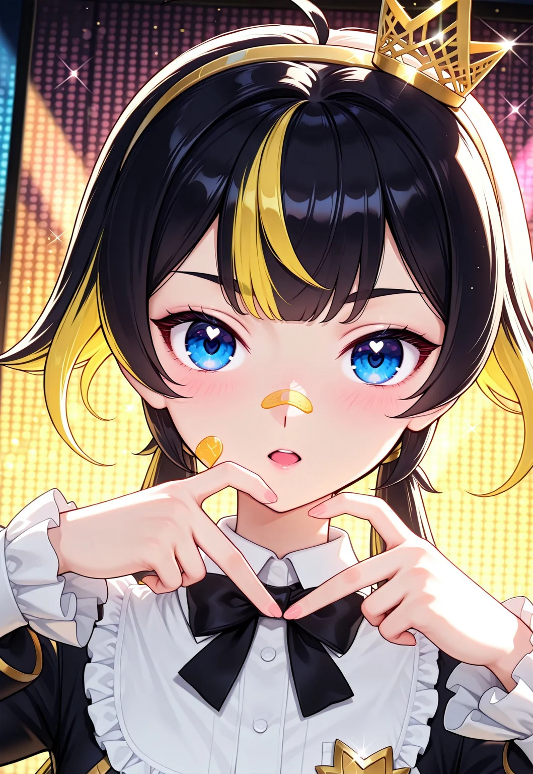 Smooth Quality, highres, hi res, best quality, masterpiece, intricate details, absurdres, 8k, (official art, anime screencap:1.1), glitter, depth of field, pinup, Glamor,
BREAK
BREAK
1girl, black hair, yellow hair, multicolored hair, twintails,Long hair, blue eyes,
BREAK
black dress,black bowtie,long sleeves,skirt,frilled dress,collared shirt,two-tone dress,belt,black thighhighs,open mouth,hairband,dress,bow, small crown, <lora:Fixhands_anime_bdsqlsz_V1:1>,cinematic_angle,dynamic_angle,
concert stage background, face_focus,looking_at_viewer,light_blush,sparkle,portrait,heart hands