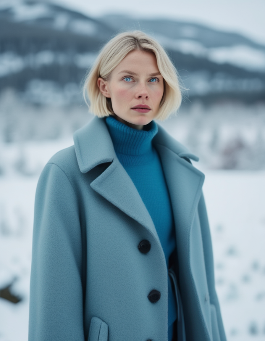 A portrait of a Scandinavian woman with pale blonde hair cut in a sharp bob, her icy blue eyes striking against her fair skin. She wears a minimalist, high-collared coat in a soft, grey wool, and her expression is cool and composed, like the snowy landscape she calls home. <lora:usual-portrait-v2:1>