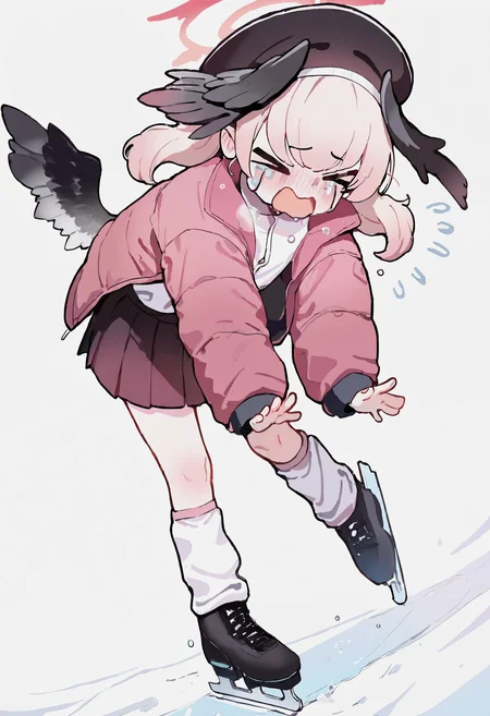 masterpiece, absurdres, newest, very awa, 1girl, solo, koharu \(blue archive\), > <, full body, pink jacket, pleated skirt, black skirt, tucked shirt, lag warmers, winter clothes, ice skates, black wings, blush, facing down, open mouth, crying, <lora:spo_sdxl_10ep_4k-data_lora_webui>, <lora:TA_trained:0.35>, <lora:NOOB_EPSv1_1_detailer_by_vlnvk_v0_5>, <lora:Loffo_style:0.8>