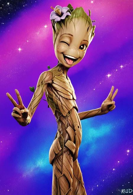 score_9, score_8_up, score_7_up, male, solo, groot2, young, skinny, flora fauna, made of wood, alien, noseless, amber eyes, smile, freckles, eyelids, wink, smile, flirty, open smile, tongue out, happy, expressive, standing, raised arms, perfect hands, (aged down, petite:1.2), slim, aged down, raised hands, double v, leaning forwards, (hip focus, cocked hip:1.2), null, side view, rear view, flower, sparkle, looking at viewer, one eye closed, winking, starry sky, (realistic, 3d:1.2), shading, psychedelic background, knock-kneed, rainbow colors, dynamic, masterpiece, extreme detail, zPDXL3, zPDXLrl, zPDXLpg