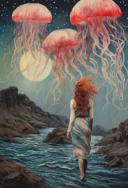 cinematic photo Watercolor painting Watercolor painting water color, retrobigguns, (colorful:1.2),float colorful water,float colorful wind,colorful simple background,floating colorful hair,(torn clothes:1.8,wet clothes:1.9), (see through clothi:2.0), surrealist impressionist piece by Takato Yamamoto showing background of an (alien planet:1.4) filled by glowing giant (jellyfish:1.4) with translucent (tentacles:1.8) hanging from the sky, Surreal Harmony, ultra detailed, NaturalBody, in foreground is a (beautiful woman:2.0), (puffy nipples:1.9), (pubic hair:1.1), (areola:1.9), (medium breasts:1.1), female pubic hair, sheer cloth, (see through clothing:2.0), cosmic multicolour neon, octane rendering, extreme detail, trending on ArtStation, cosmic masterpiece, nsfw, uncensored,dynamic angle, (official art:1.2), 1girl,(full body:1.4), barefoot, solo, long red hair, (jellyfish:1.2),open hand, . Vibrant, beautiful, painterly, detailed, textural, artistic (boobs out) naked. . Vibrant, beautiful, painterly, detailed, textural, artistic, cinematic  photorealistic, 8k uhd natural lighting, raw, rich, intricate details, key visual, atmospheric lighting, 35mm photograph, film, bokeh, professional, 4k, highly detailed . 35mm photograph, film, bokeh, professional, 4k, highly detailed,
