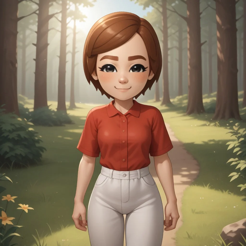 score_9, score_8, BREAK, solo, mii, wii, wii sports, 1girl, female mii, cute, auburn hair, auburn eyebrows, black eyes, blush, red clothing, white pants, shoes, small breasts, Susie_(Wii_Sports), Nintendo Mii, modern_mii, classic_mii, sexy pose, smile, outdoors, sunlight, shadows, evening lighting, natural lighting, forest, trees, grass, orange sky, sunset
