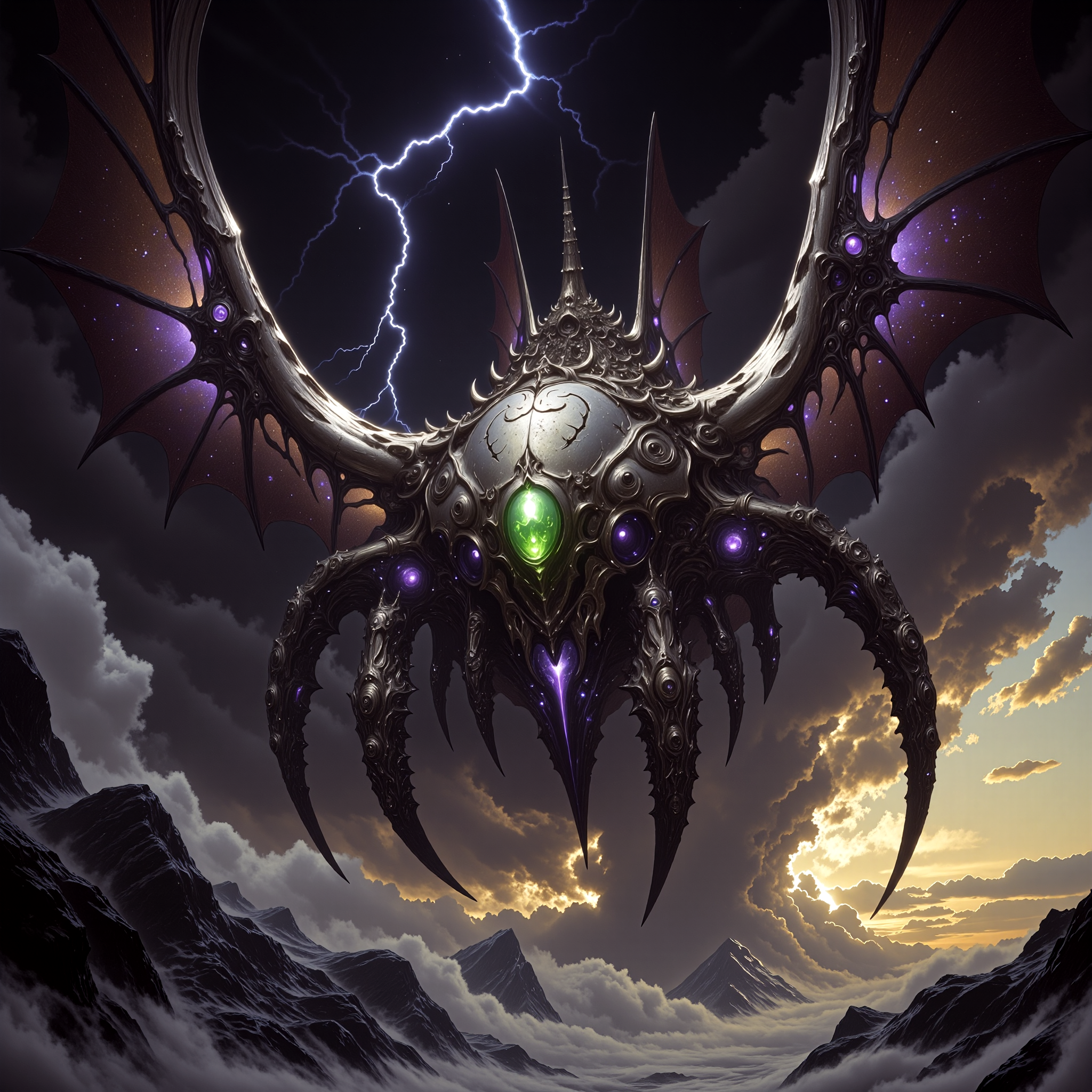 highly detailed, intricate, detailed background, famous artwork inspired by jesper myrtos, 1990s high fantasy style painting, fractal patterns, dramatic sky, this image shows the fearsome "roaring thundervorb", an ethereal and mysterious airborne invertebrate with enormous iridescent, furlyfrongled gas bladders, it navigates the clouds in the dense atmosphere of the tempestuous alien planet "cyclone larry" with ethereal blunderworbling grace, golden ratio, black, deep purple, beige, cold greens, dramatic sky, lightning, in the style of ck-ovf, amanoer, dnddarkestfantasy, 
<lora:style-oneviolentfantasy-ep21-flux-by_chronoknight:0.48> 
<lora:style-yoshitaka_amano-elden_ring-flux-by_alicient:0.36> 
<lora:style-dnd_dark_fantasy-flux-by_arsmachina:0.88> 
<lora:epic_gorgeous_details-balance-flux-by_flyway:0.56>