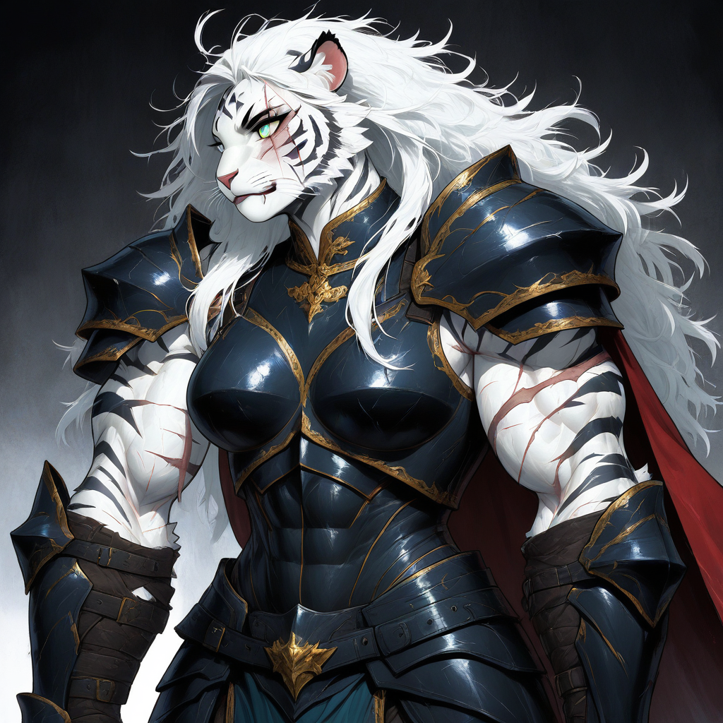 masterpiece, best quality, newest, absurdres, highres, FanFurMIXV1.0, 1girl, pale, white skin, colored skin, pale skin, elf, pointy ears, muscular woman, armor, cape, leather armor, scar, scars on face, white hair, long hair, messy hair, black armor, black leather, furry, anthro, tiger, tiger girl, white tiger,
