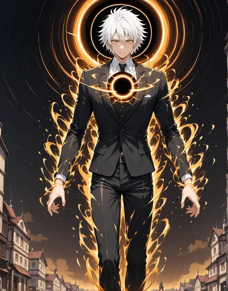 man,black suit, white hair, background: old town,yazloba, voidform, void transformation,black hole textures, <lora:V2.ya_arcane_elements:1>