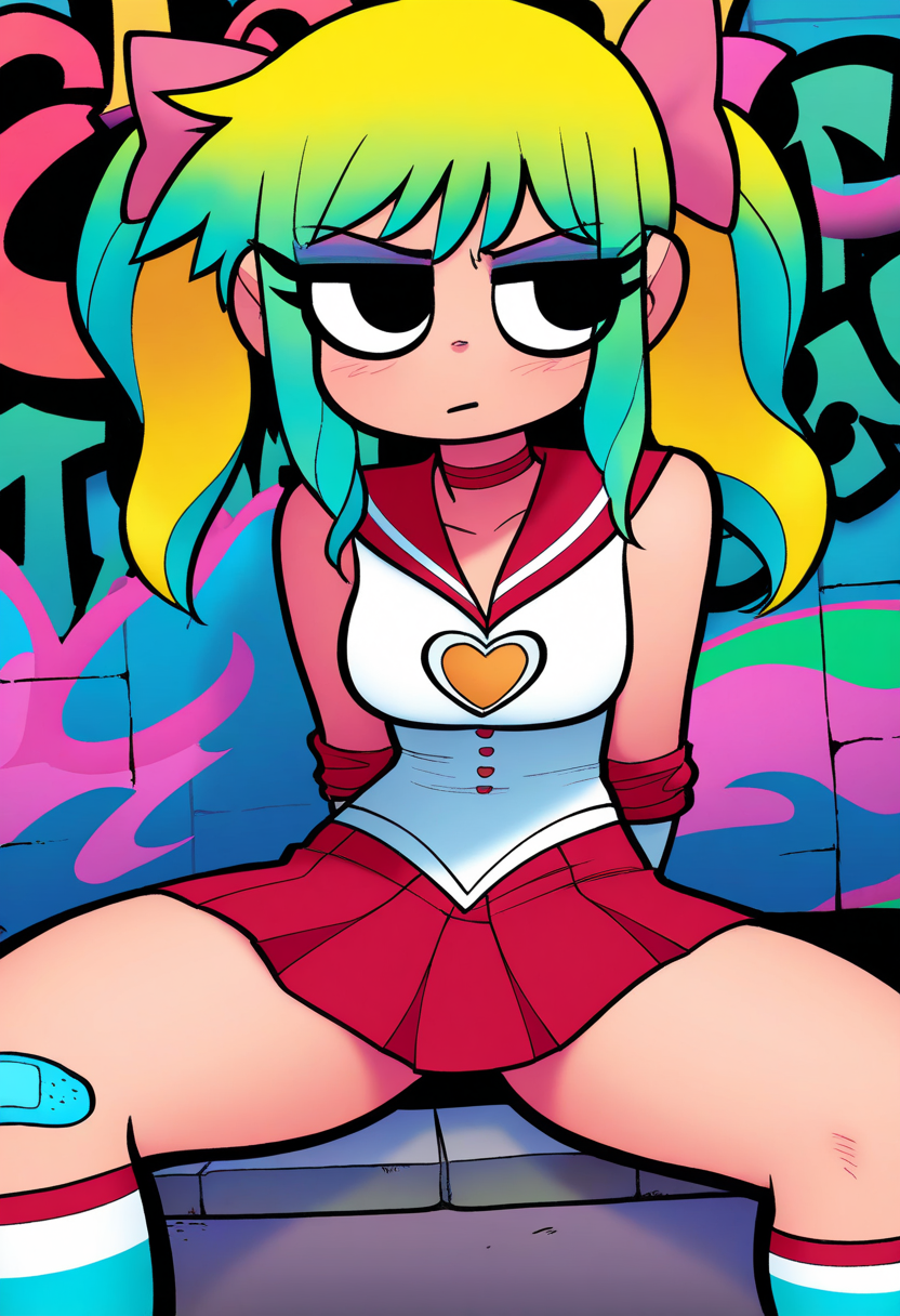 best quality, amazing quality, very aesthetic, absurdres,
BREAK
1girl, twintails, magical girl, red sailor outfit, colorful, graffiti, bored, slouching, squatting, legs apart, bandaid on knee, [refraction|caustics|rim lights|backlighting|bloom],  <lora:BryanLeeOMalleyNoobLocon_byKonan:1>