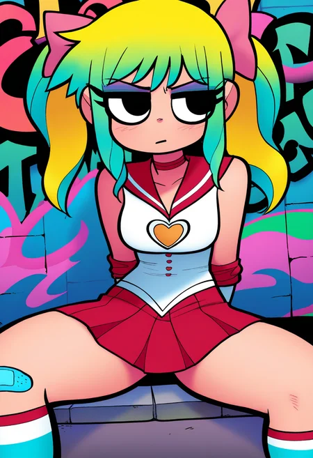 best quality, amazing quality, very aesthetic, absurdres,
BREAK
1girl, twintails, magical girl, red sailor outfit, colorful, graffiti, bored, slouching, squatting, legs apart, bandaid on knee, [refraction|caustics|rim lights|backlighting|bloom],  <lora:BryanLeeOMalleyNoobLocon_byKonan:1>