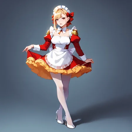 score_9, score_8_up, score_7_up, best quality, masterpiece, source_anime,  BREAK
1girl, , blonde hair, maid, maid headdress, apron, dress, pantyhose, long sleeves, epaulettes, puffy sleeves, d dress, frills, arm support, ribbon, high heels, parted lips, indoor
 <lora:Neromaid:1> <lora:Anime Style 2 SDXL_LoRA_Pony Diffusion V6 XL:1>