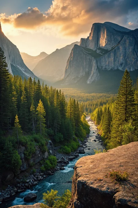 sony_a7III professional style photo, A dramatic view of Yosemite Valley at sunrise, with El Capitan and Half Dome bathed in golden light. Mist rises from the forested valley floor, and a crystal-clear river winds through the lush greenery. Photorealistic, epic scale, vivid lighting, ultra-detailed natural textures. <lora:Sony_a7_III:1>