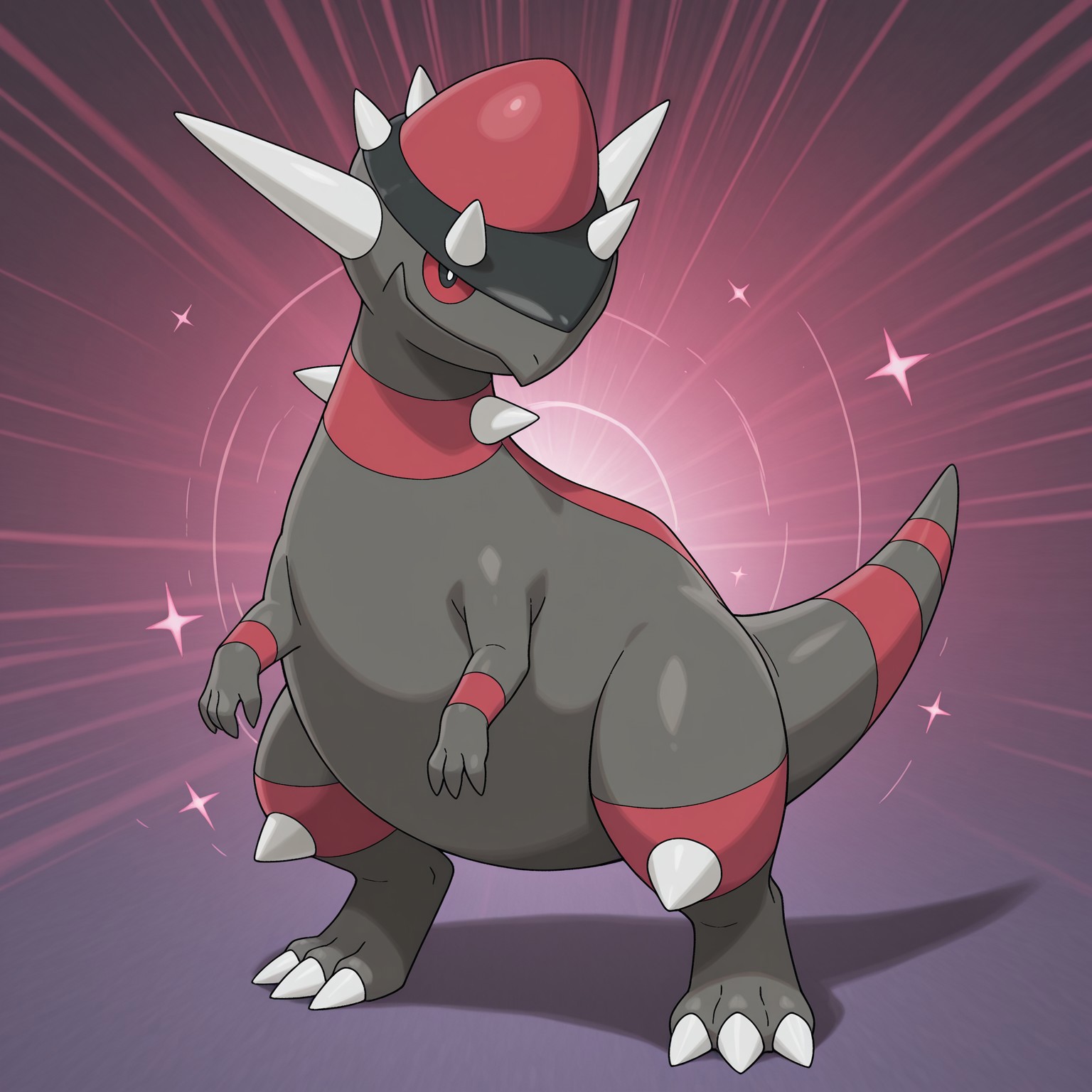 2d, solo, Rampardos, Pokemon (creature), scalie, feral, gray body, ((shiny pokemon, red skin, red stripes, red head top)), single tail stripe, spikes, horns, head spikes, knee spikes, toe claws, red sclera, black pupils, three toes, tail, 

BREAK standing, smile, looking at viewer, abstract background, sparkles

BREAK best quality, amazing quality, very aesthetic, absurdres, newest, masterpiece 