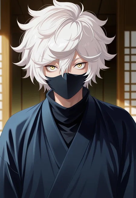masterpiece, best quality, , semi-realistic, looking at viewer, 1boy, solo, male focus, <lora:gabimaru_jigokuraku_ilxl:0.9>, gabimaru_jigokuraku, white hair, yellow eyes, hair between eyes, short hair, messy hair, japanese clothes, mouth mask, ,