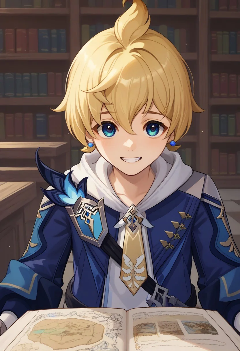score_9, score_7_up, source_anime
mika, 1boy, male focus, solo, blue eyes, blonde hair, short hair, bangs, hair between eyes, ahoge, short ponytail, jewelry, earrings, hoodie, white hoodie, hood, necktie, yellow necktie, jacket, blue jacket,
indoor, library, maps, books, looking up, grin, happy,