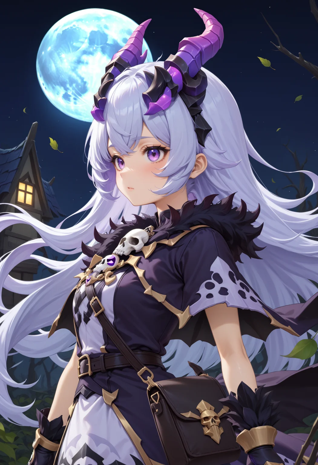 masterpiece, best quality, very aesthetic, absurdres, rom_hela_xl,
1girl, purple hair, horns, purple eyes, skull on chest, purple dress, fingerless gloves, saddlebag,
upper body, from side, calmly looking at the moon,
moon, haunted house, withered trees, bats,
outdoors, (wind, falling withered leaves, light particles:1.4), light rays, tyndall effect, vivid colors, tranquil and magical atmosphere,
shiny skin, beautiful face, beautiful eyes, extreme detailed, official art, professional illustration, hires,
<lora:rom_hela_xl:1>, <lora:aesthetic_anime_v1s:0.5>, <lora:add_details_xl:0.5>