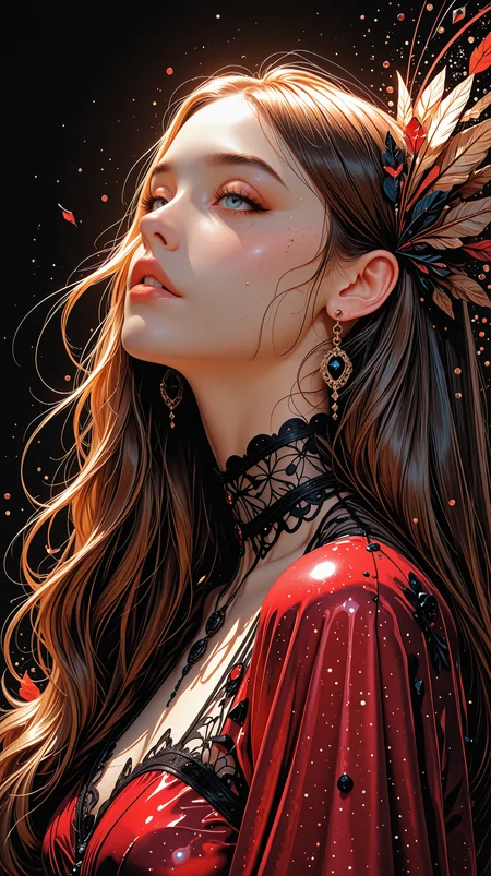 masterpiece, best_quality, hyper-realistic, high_quality, xtrvgnc, xtrvgnc_art_style, 
side_view, elegant_fashion, woman, curly_hair, brown_hair, blue_eyes, closed_mouth, dappled_shadow, lace_dress, satin_dress, red_dress, blue_and_black_background, floating_hair, full_body, spinning_motion, flowing_fabric, soft_reflections, cinematic_lighting, dreamy_expression, high_fashion, luxury_style, romantic_ambience <lora:extravagance:0.9>