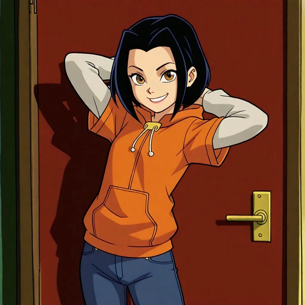 best quality, masterpiece, break, jade_jca, 1girl, black hair, short hair, brown eyes, hoodie, layered sleeves, jeans, smile, looking at viewer, hands behind head