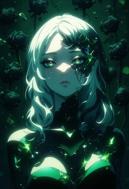 8k resolution, Absurd resolution, An Acrylic style painting that is expressive, gives it a dynamic and emotional quality. Anime art of a stylized portrait of a woman with a ethereal black and green mist surrounding her body. The mist creates a dramatic and surreal effect. The woman has a cold aesthetic, complimented by her white hair. Anime art of woman draped in shadows with a lighting that enhances her unique features.
The background is dark green, filled with black rose petals.