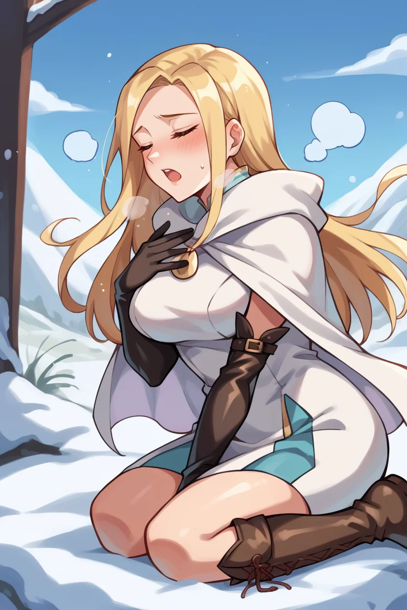 score_9, score_8_up, score_7_up, score_6_up, source_anime BREAK 1girl, solo <lora:ophilia-pdxl-nvwls-v1-000005:1> ophilia, blonde hair, long hair, brown eyes, white cape, white dress, long dress, black elbow gloves, boots, from side, closed eyes, open mouth, heavy breathing, blush, kneeling, snow, closed eyes, shiny skin, big breasts, hand on own chest