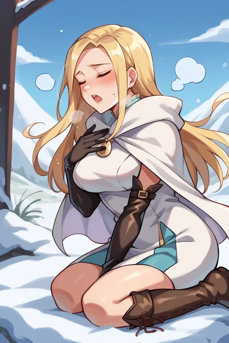 score_9, score_8_up, score_7_up, score_6_up, source_anime BREAK 1girl, solo <lora:ophilia-pdxl-nvwls-v1-000005:1> ophilia, blonde hair, long hair, brown eyes, white cape, white dress, long dress, black elbow gloves, boots, from side, closed eyes, open mouth, heavy breathing, blush, kneeling, snow, closed eyes, shiny skin, big breasts, hand on own chest