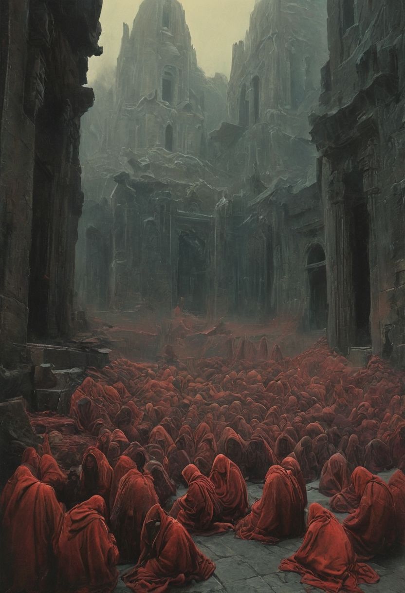 satan monks army ,hundreds, lots endless monks , architecture, strong bright , The neon hues of her aura paint the air, a vivid testament to her inner strength and focus.jesus christ is dead, dad monks liang on ground ,
creating a hyperpunk scene with desaturated translucent DARK  Red and beige details, colorful (polaroid:0.7) with vibrant colors, (vacations, high resolution:1.3), (small, selective focus, european film:1.2), (sexual advance:1.1), ,end of hopes ,silence, extremely detailed,dark,sad, easy negative, digital artwork by Beksinski, extremely detailed, dark, chiaroscuro, low-key,in the style of Kelly Slater ,style by Kelly Slater,closeup,digital artwork by Beksinski, style of Kelly Slate