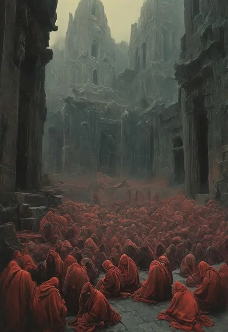 satan monks army ,hundreds, lots endless monks , architecture, strong bright , The neon hues of her aura paint the air, a vivid testament to her inner strength and focus.jesus christ is dead, dad monks liang on ground ,
creating a hyperpunk scene with desaturated translucent DARK  Red and beige details, colorful (polaroid:0.7) with vibrant colors, (vacations, high resolution:1.3), (small, selective focus, european film:1.2), (sexual advance:1.1), ,end of hopes ,silence, extremely detailed,dark,sad, easy negative, digital artwork by Beksinski, extremely detailed, dark, chiaroscuro, low-key,in the style of Kelly Slater ,style by Kelly Slater,closeup,digital artwork by Beksinski, style of Kelly Slate