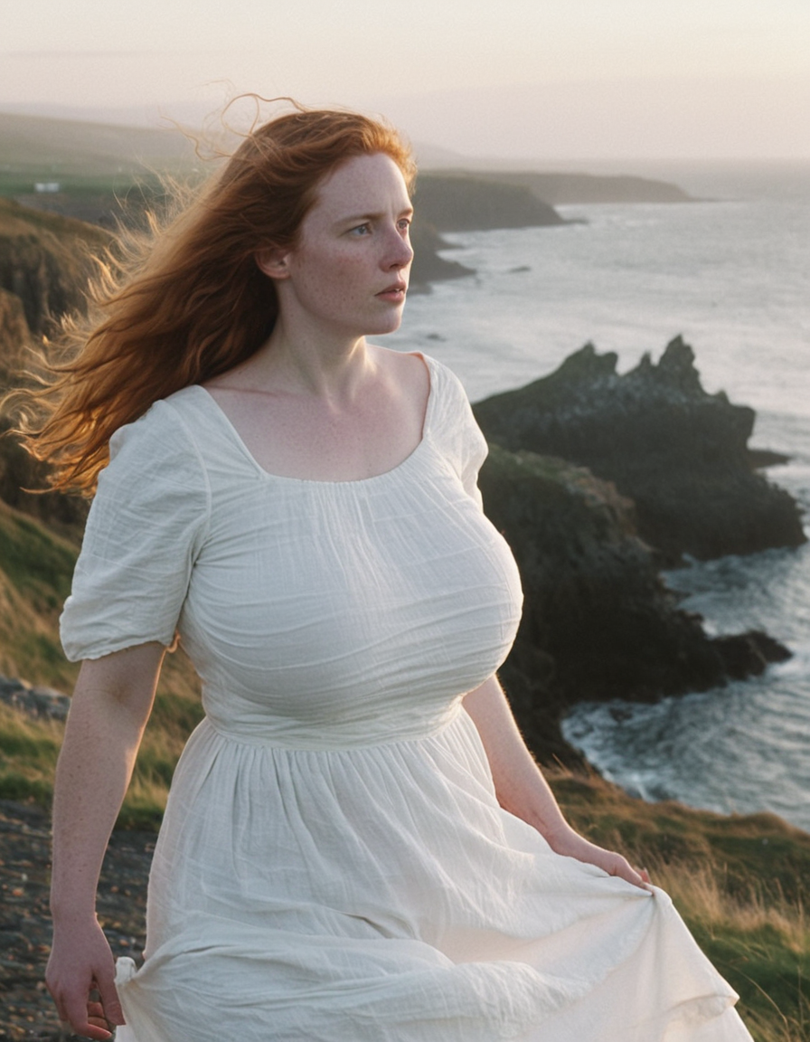 a pale irish 30-year old woman, looking aside, wistful, candid photo, telephoto lens, huge breasts, flowing white cotton dress, ginger, hair blowing in wind, coast, golden hour, epic landscape, depth of field, blurry foreground, analog photo, desaturated, 35mm photo, grainy, vignette  <lora:SweaterBreastsXL:0.6>