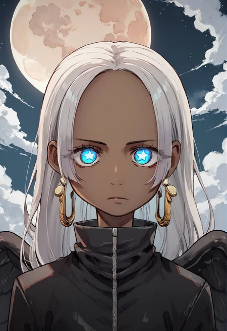 (score_9, score_8_up), score_7_up, zPDXL, S-Snake, 1girl, dark-skinned female, white hair, long hair, star-shaped pupils, earrings, black wings, feathered wings, black cloak, high collar, closed coat, looking at viewer, upper body, night, stars, clouds, moon, expressionless, blue eyes, glowing eyes <lora:S-Snake_XL_Pony:1> <lora:kotoyama_PonyXL_style_v01:1>