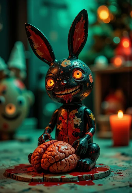 A high-quality, body shot close-up photograph of a ck-owct style hand-painted wooden Christmas toy featuring a skinny one-arm cute little black zombie rabbit with a ripped ear, long teeth and eating a human brain flowing with blood. Green and red vivid ambient light.