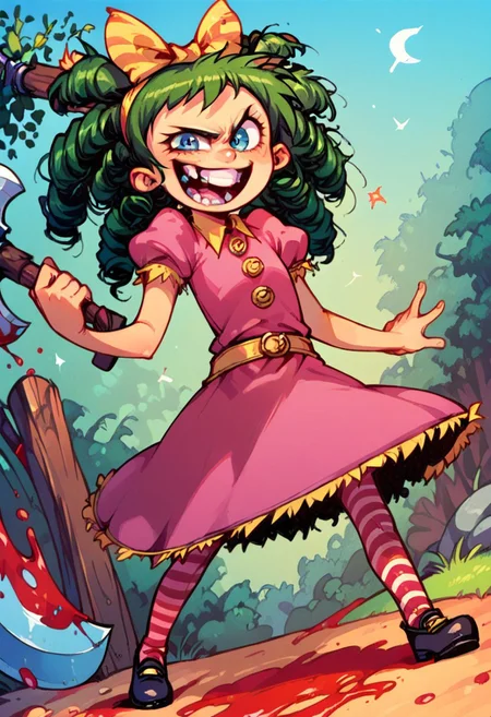 score_9, score_8_up, score_7_up, score_6_up, score_5_up, score_4_up, OverallDetail, fca style, 1girl, solo, green hair, drill hair, yellow bow, hair bow, blue eyes, teeth, grin, dress, puffy sleeves, short sleeves, yellow belt, pantyhose, striped pantyhose, striped, shoes, black footwear,
laugh, holding axe , Dutch angle, dynamic pose, looking at viewer, forest, covered in blood