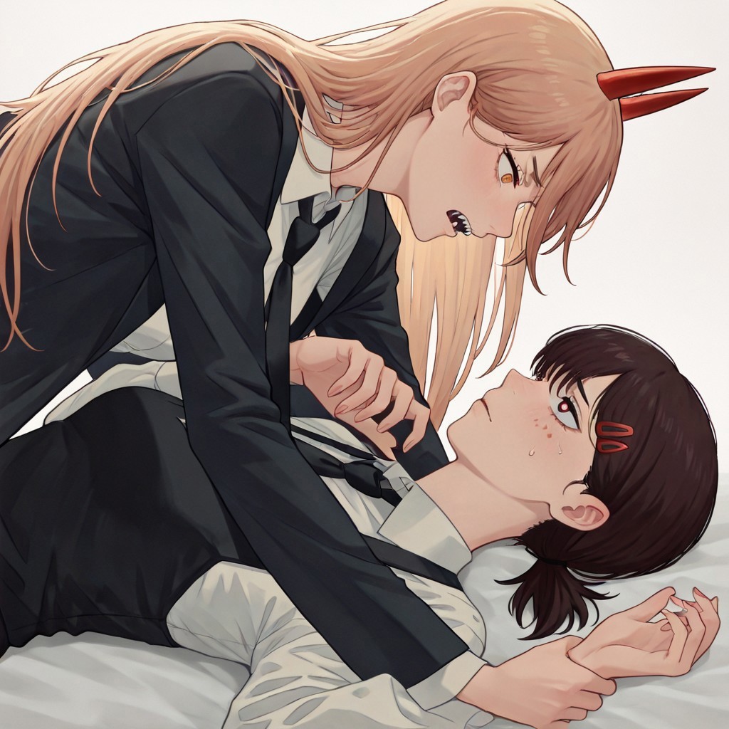 masterpiece, best quality, newest, absurdres, highres, WHLIEV1.0, holding another's wrist, looking at another, holding, 
1girl, higashiyama kobeni \(chainsaw_man\), brown hair, collared shirt, black necktie, black jacket, 

1girl, power \(chainsaw_man\), demon horns, long hair, blonde hair, very long hair, red horns, black necktie, horns, cross-shaped pupils, shirt,

