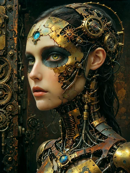 steampunk style, Professional photography.
A mechanical person with cybernetics exposed on the side of their face.
antique, mechanical, brass and copper tones, gears, intricate, detailed.
<lora:OMG-Is-DucHaiten_v1.0:1.0>
<lora:sdxl_lora_beksinski-000018:0.4> digital artwork by Beksinski
<lora:The_Dark_Side_of_the_Earth:0.2>