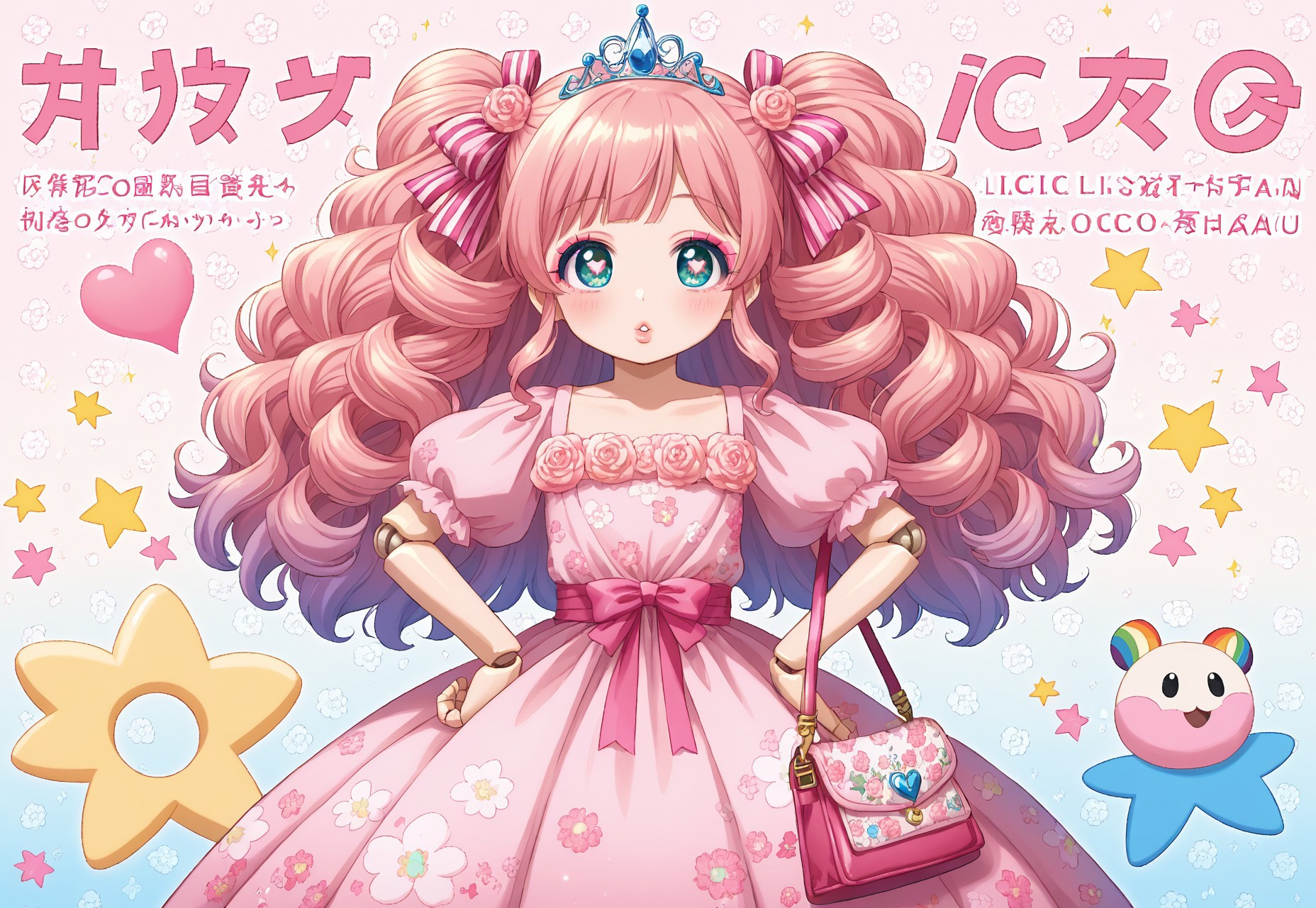 ((fullbody)) 1girl, solo, ((Licca-chan : 1.2)), moe, kawaii, cute, doll, doll joints, big sparkling eyes, detailed lips, makeup, hands on hips, holding, holding purse, fashion, ((doll_clothes)), (princess), gown, ((ornate floral print puffy gown with ribbons and rococo lace trim)), accessories, hair ornaments, too many hair ornaments, simple background, print background, pastel background, (pastel pink floral and bubble shoujo manga background), pastel pink floral print background, bubbles, text, text captions, ((Japanese text)), wide shot, pastel colors, hearts, star (symbol), music notes, sparkles, glitter, ((rainbow))