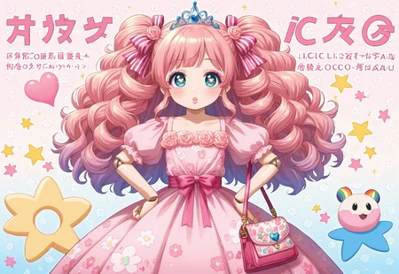 ((fullbody)) 1girl, solo, ((Licca-chan : 1.2)), moe, kawaii, cute, doll, doll joints, big sparkling eyes, detailed lips, makeup, hands on hips, holding, holding purse, fashion, ((doll_clothes)), (princess), gown, ((ornate floral print puffy gown with ribbons and rococo lace trim)), accessories, hair ornaments, too many hair ornaments, simple background, print background, pastel background, (pastel pink floral and bubble shoujo manga background), pastel pink floral print background, bubbles, text, text captions, ((Japanese text)), wide shot, pastel colors, hearts, star (symbol), music notes, sparkles, glitter, ((rainbow))