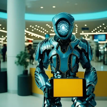 cinematic photo robot repair smartphone in a mall <lora:LIS-V3:0.8> . 35mm photograph, film, bokeh, professional, 4k, highly detailed