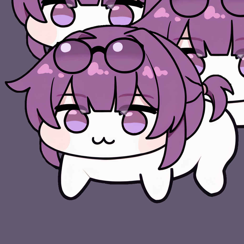 <lora:Doro_X_PDXL_V1:1.0> 3doros, creature, :3, chibi, purple eyes, no humans, white skin, four legs, solid circle eyes, no pupils, <lora:kafkahsr-ponyxl-bshi-v1:1.0> KafkaHSR, pince-nez, eyewear on head, purple hair, sidelocks, short ponytail, purple eyes, empty eyes, simple background,