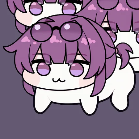 <lora:Doro_X_PDXL_V1:1.0> 3doros, creature, :3, chibi, purple eyes, no humans, white skin, four legs, solid circle eyes, no pupils, <lora:kafkahsr-ponyxl-bshi-v1:1.0> KafkaHSR, pince-nez, eyewear on head, purple hair, sidelocks, short ponytail, purple eyes, empty eyes, simple background,