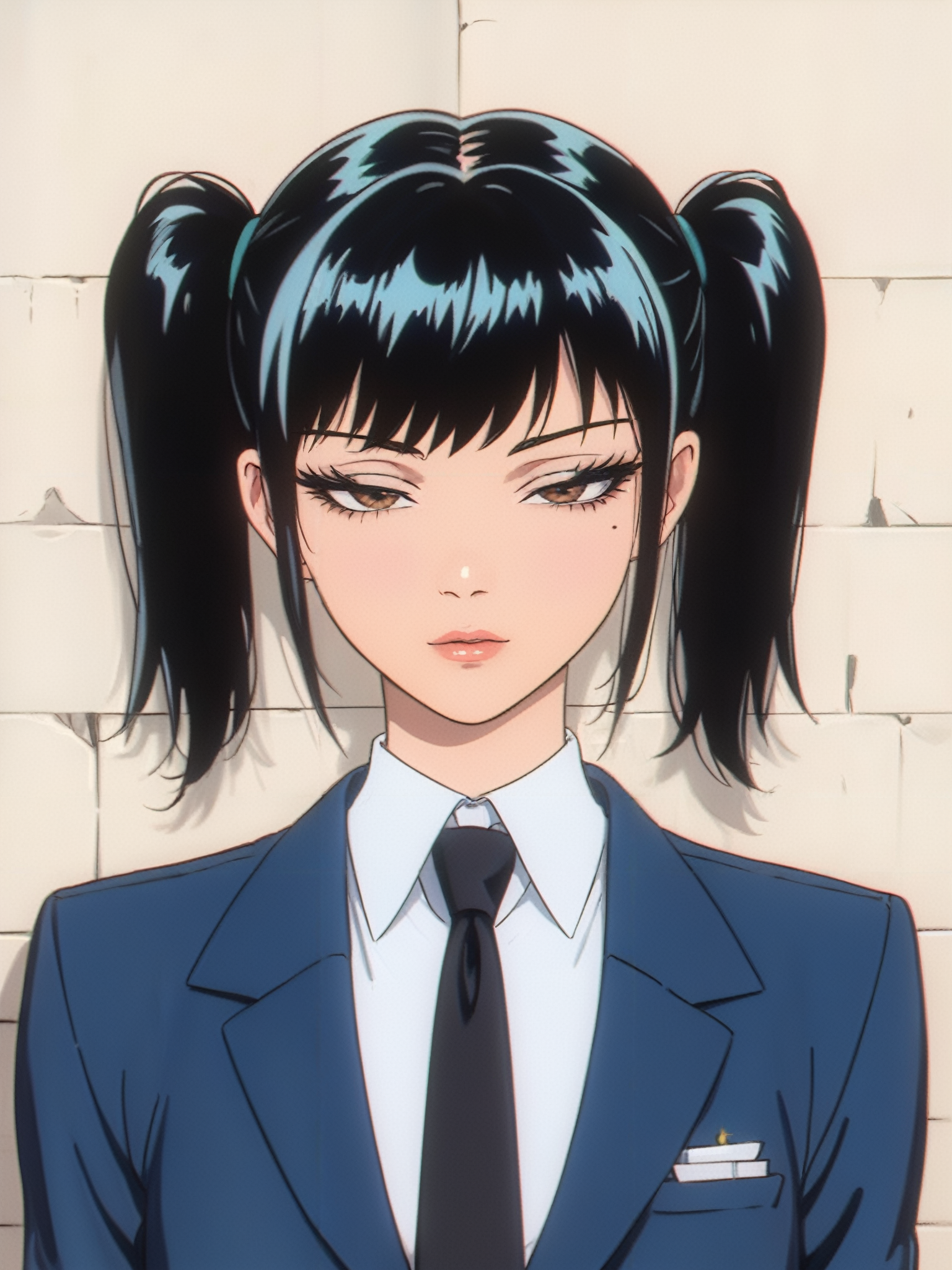 score_9, score_8_up, score_7_up, score_6_up,
lineart,flat color,digital art,illustration,anime,line art,bright,vivid,
beautiful girl, junior,standing upright,
1girl,close-up shot,close up,Eyes Highlight, healthy skin,bright skin,
front view,from front,looking at viewer,moon face,round face,baby face,small mouth,small nose,large eyes,Thin lips,pale lips,thin nose,natural makeup,promotional,
black hair, bangs, front bangs, brown eyes,up side twintail,pig tails,smooth hair, straight hair, cool tone,black business suit,jacket, black neck ties, tie, ties,healthy,healthful,
<lora:jitome_for_pony:0.7>jitome,hosome,half closed eyes, squinted eyes, narrowed eyes, narrow gaze,Straight gaze,closed mouth,
rough plaster wall,
masterpiece,high quality,high resolution,high detail,
High chromaticity,High chroma,High colour saturation,full color, rich color,High brightness,Clear, crisp and sharp,
ID photo,  <lora:OldAnimeStyle_XL_v3:0.8>