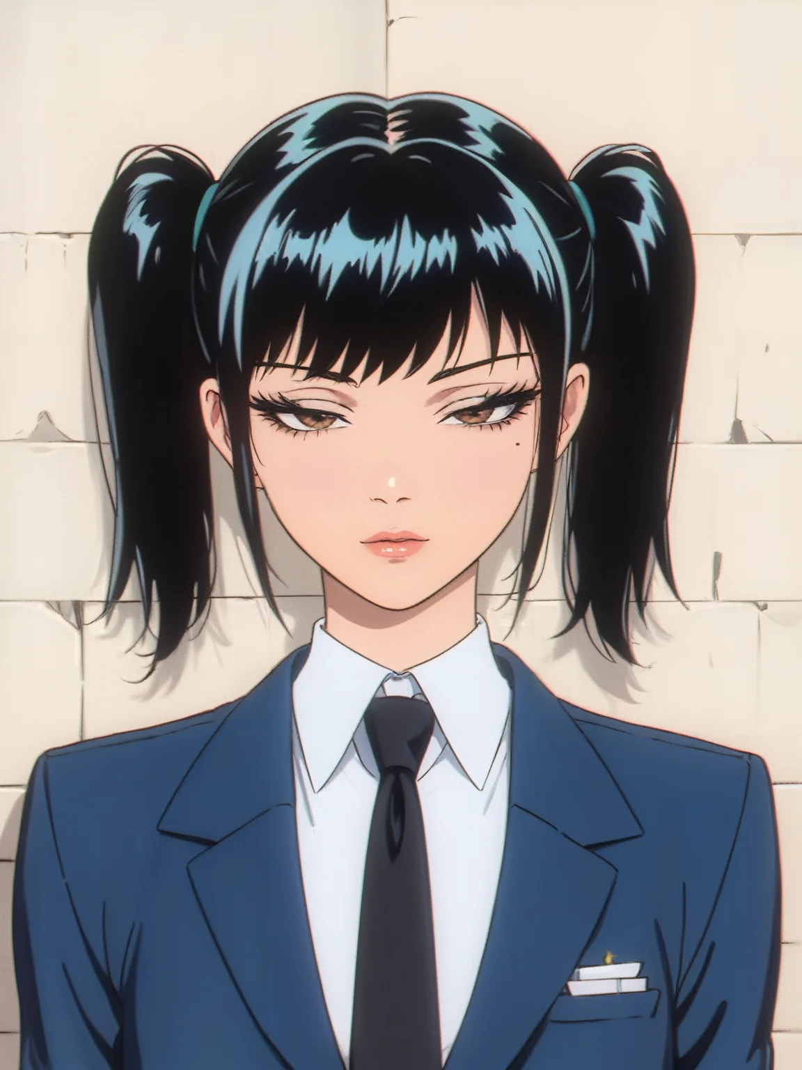 score_9, score_8_up, score_7_up, score_6_up,
lineart,flat color,digital art,illustration,anime,line art,bright,vivid,
beautiful girl, junior,standing upright,
1girl,close-up shot,close up,Eyes Highlight, healthy skin,bright skin,
front view,from front,looking at viewer,moon face,round face,baby face,small mouth,small nose,large eyes,Thin lips,pale lips,thin nose,natural makeup,promotional,
black hair, bangs, front bangs, brown eyes,up side twintail,pig tails,smooth hair, straight hair, cool tone,black business suit,jacket, black neck ties, tie, ties,healthy,healthful,
<lora:jitome_for_pony:0.7>jitome,hosome,half closed eyes, squinted eyes, narrowed eyes, narrow gaze,Straight gaze,closed mouth,
rough plaster wall,
masterpiece,high quality,high resolution,high detail,
High chromaticity,High chroma,High colour saturation,full color, rich color,High brightness,Clear, crisp and sharp,
ID photo, <lora:OldAnimeStyle_XL_v3:0.8>