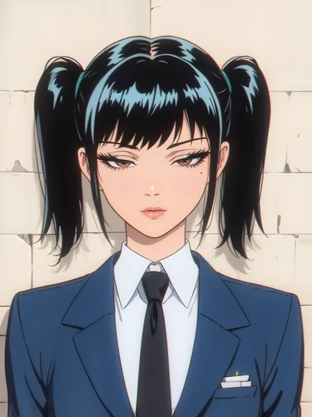 score_9, score_8_up, score_7_up, score_6_up,
lineart,flat color,digital art,illustration,anime,line art,bright,vivid,
beautiful girl, junior,standing upright,
1girl,close-up shot,close up,Eyes Highlight, healthy skin,bright skin,
front view,from front,looking at viewer,moon face,round face,baby face,small mouth,small nose,large eyes,Thin lips,pale lips,thin nose,natural makeup,promotional,
black hair, bangs, front bangs, brown eyes,up side twintail,pig tails,smooth hair, straight hair, cool tone,black business suit,jacket, black neck ties, tie, ties,healthy,healthful,
<lora:jitome_for_pony:0.7>jitome,hosome,half closed eyes, squinted eyes, narrowed eyes, narrow gaze,Straight gaze,closed mouth,
rough plaster wall,
masterpiece,high quality,high resolution,high detail,
High chromaticity,High chroma,High colour saturation,full color, rich color,High brightness,Clear, crisp and sharp,
ID photo, <lora:OldAnimeStyle_XL_v3:0.8>
