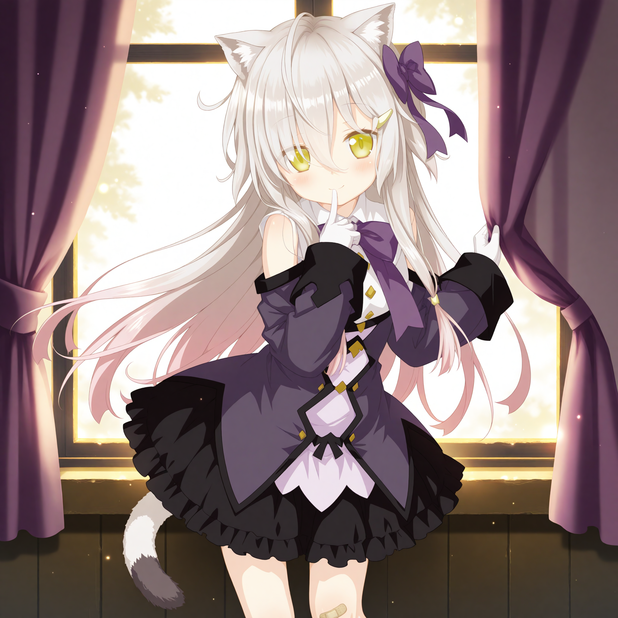 <lora:Kuro_1_nai-000045:1>,official art,Kuro,hair ornament,
cat girl,animal ears,cat tail,cat ears,
magical girl,hair bow,bandaid,black skirt,purple bow,purple dress,white shirt,white gloves,bandaid on knee,
1girl,solo,smile,window,standing,curtains,curtain grab,looking at viewer,front view,cowboy_shot,finger to mouth,