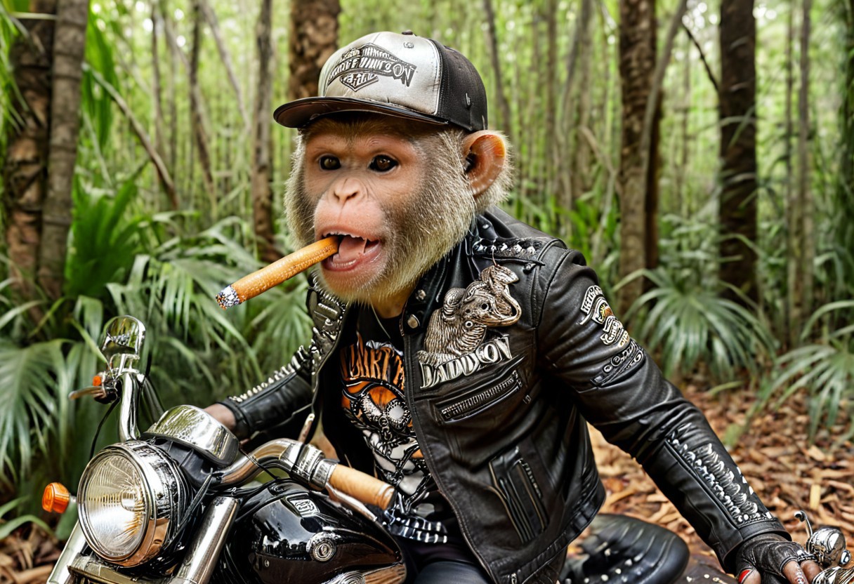 "Vervet monkey", "ultra realistic with high quality and ultra detail with excellent focus of Vervet monkey, represented as rocker, rocker leather jacket and rocker leather hat on head, riding Harley-Davidson motorcycle, jungle, savanna, forest, ((cigarette in mouth))