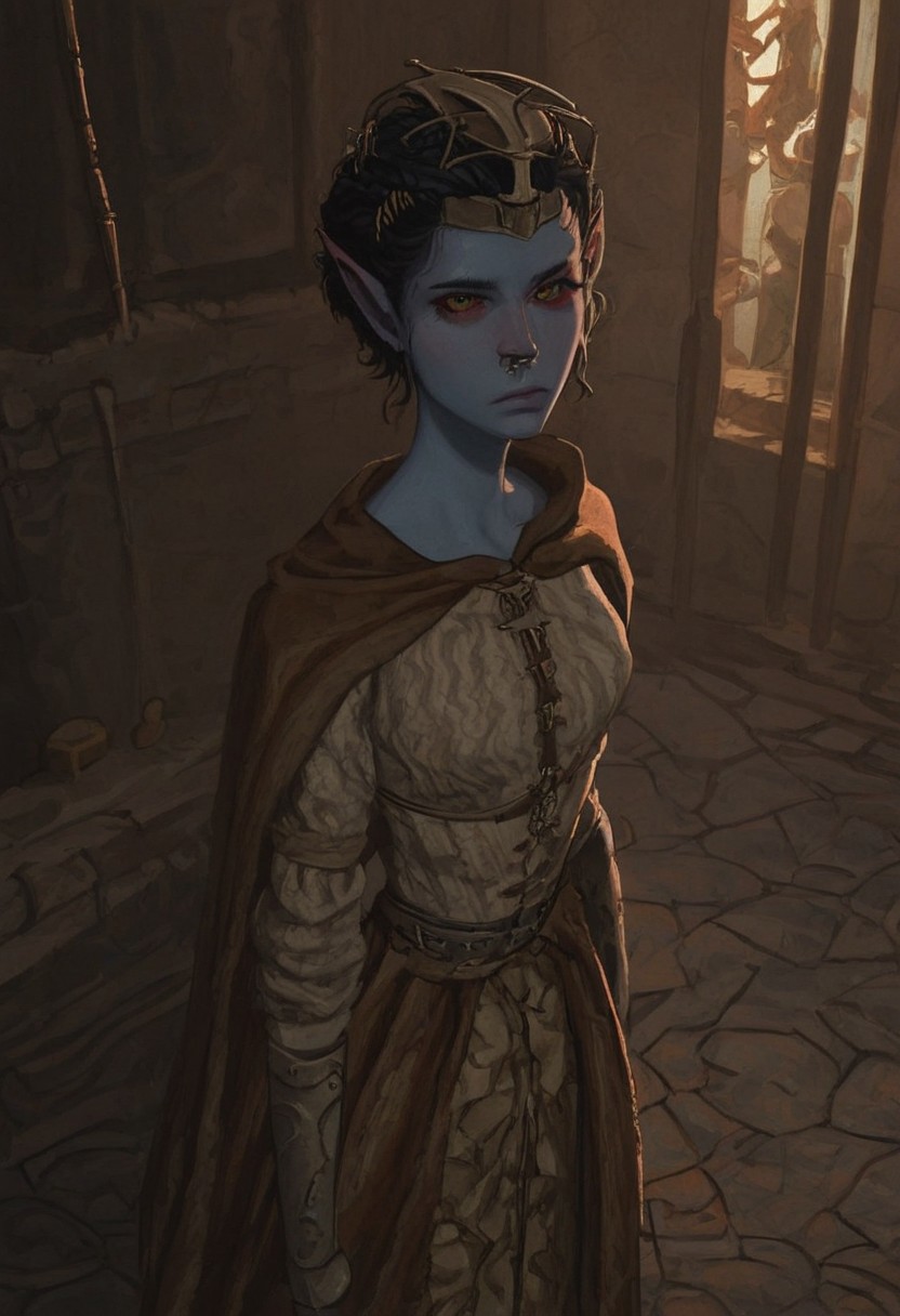 solo, short pointy ears, piercings, random elf face, aquiline features, androgenous dark elf, brow rings, nose rings, beaded piercings, weathered skin, large nose, insect chitin armor, insect chitin helmet, insect chitin ornaments, stylized insect pattern, athletic build,  animated realism, zoomed out, Syrian features, torso, brass pipes and gears, intricate architecture, dwarven masonry, dwemer fixtures, white-green light, gloomy lighting, ancient ruins, interior, stone tiled floor, grey-blue skin, mahogany and ivory clothes, medium armor, bone plate armor, ivory straps and fittings, alien bone ornaments, grey wood neckguard, red sclera, black pupils, blue-green light, neon, highly detailed, defined features, looking at viewer, three quarters view, from above, dynamic lighting, 19 years old, light and shadows, patterned cloth, annoyed expression, expressive eyes, detailed medieval clothes, medium_breasts, short hair, wavy hair, thick hair, beaded hair, braided hair, under cut hair, semirealistic, alien elf, spanish features, jewish features, black hair, dark red hair, umber skin, sharp features, pastel green inuit print cloak, nighttime, high detail, absurdres, pretty eyes, detailed eyes, yellow eyes,