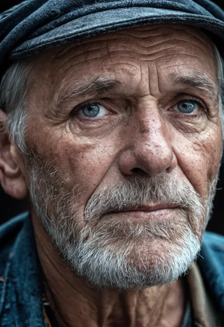 close-up emotional portrait of an old man in rugged bluesman clothing, staring directly at viewer, (detailed skin pores:1.2), (imperfect skin texture:1.1), subtle moles, soulful expression, 8k ultra high definition, film grain texture, moody lighting, high-quality cinematic photo, aged face with wrinkles and character, lifelike detail, raw realism