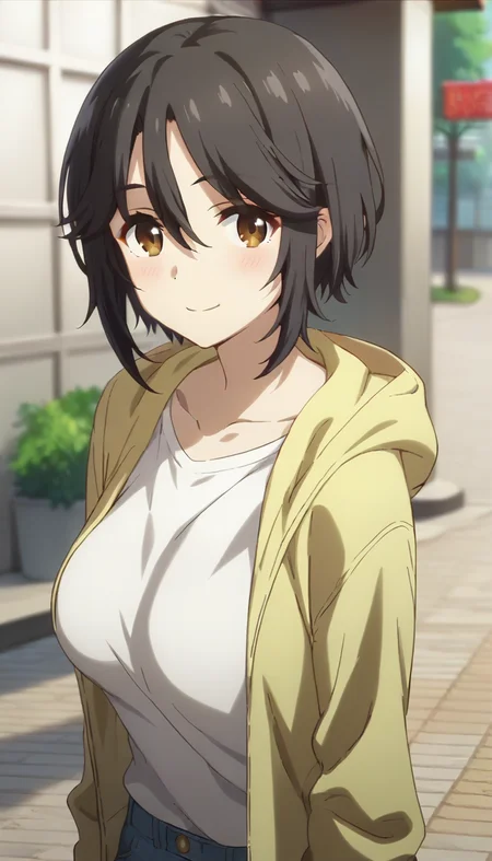score_9,score_8_up,score_7_up,score_6_up BREAK official art,solo,outdoors,upper body,(portrait:1.5),looking at viewer,facing viewer,smile,blush,Chikuma Tanesato,short hair,black hair,hair between eyes,hair between eyes,parted bangs,brown eyes,collarbone,yellow hoodie,open hoodie,hood down,white shirt,medium breasts,shirt tucked in,jeans,loafers,<lora:Chikuma Tanesato(mtm)-Pony:1.4>,