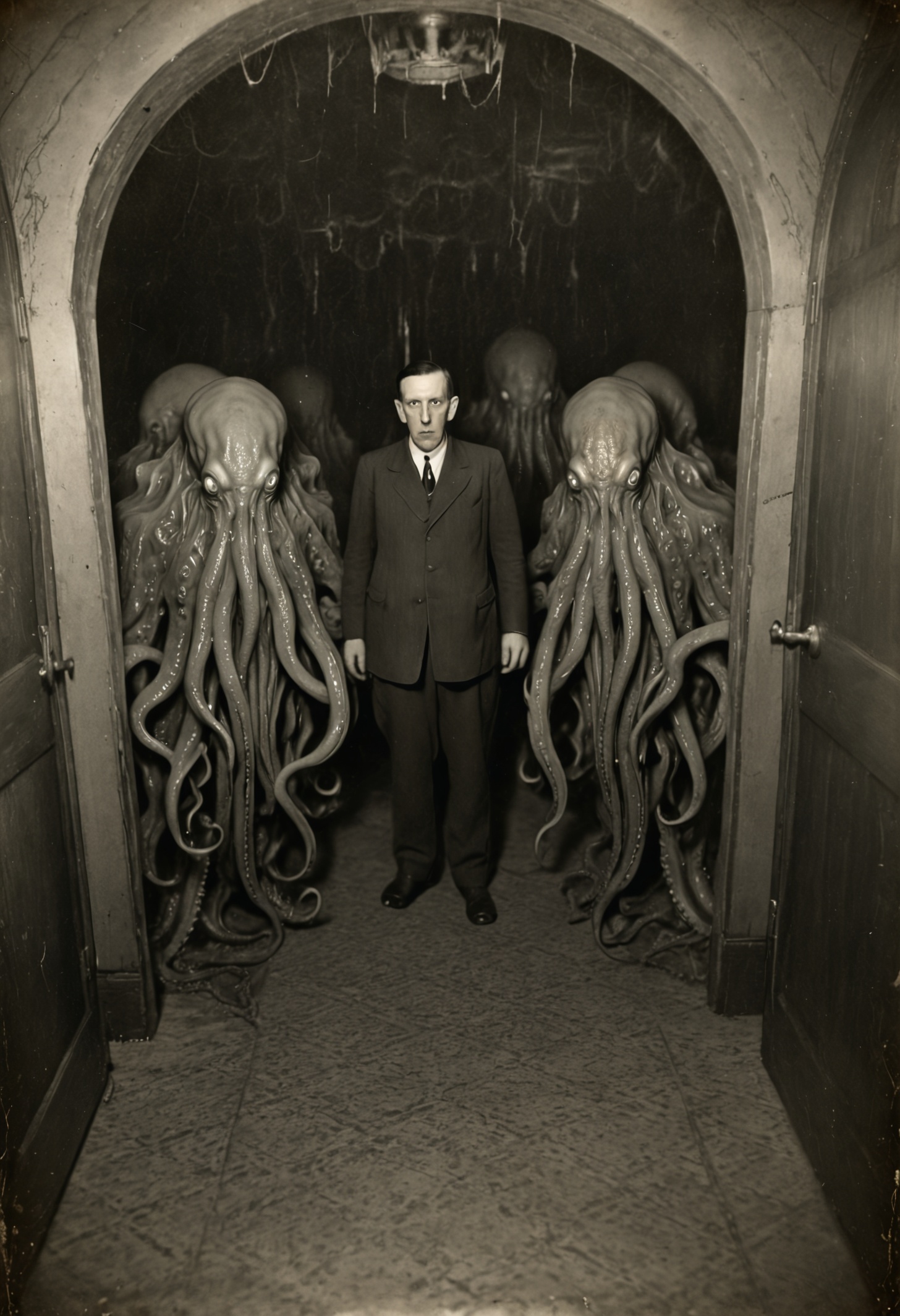 antique photo, eerie atmosphere, creepy, descent into madness, cthulhu mythos, nameless ones,  horror, lovecraft, <lora:Antique_Photo:1>