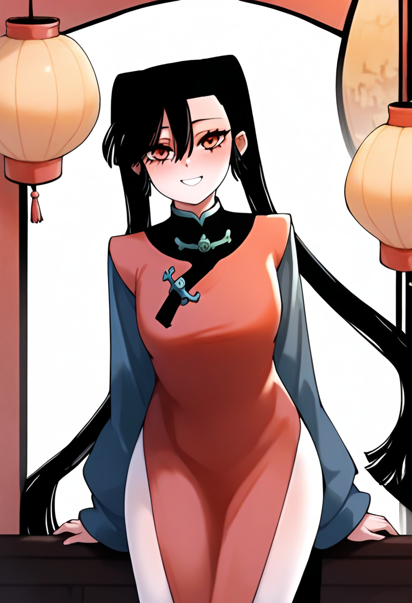 <lora:hudasheng:1>,hudasheng,1girl,long hair,red eyes,solo,long hair,black hair,hair between eyes,ponytail,pigtails,long sleeves,white_pantyhose,china_dress,
standing,looking at viewer,smile,blush,light_blush,white background,simple background,, masterpiece,best quality,amazing quality,