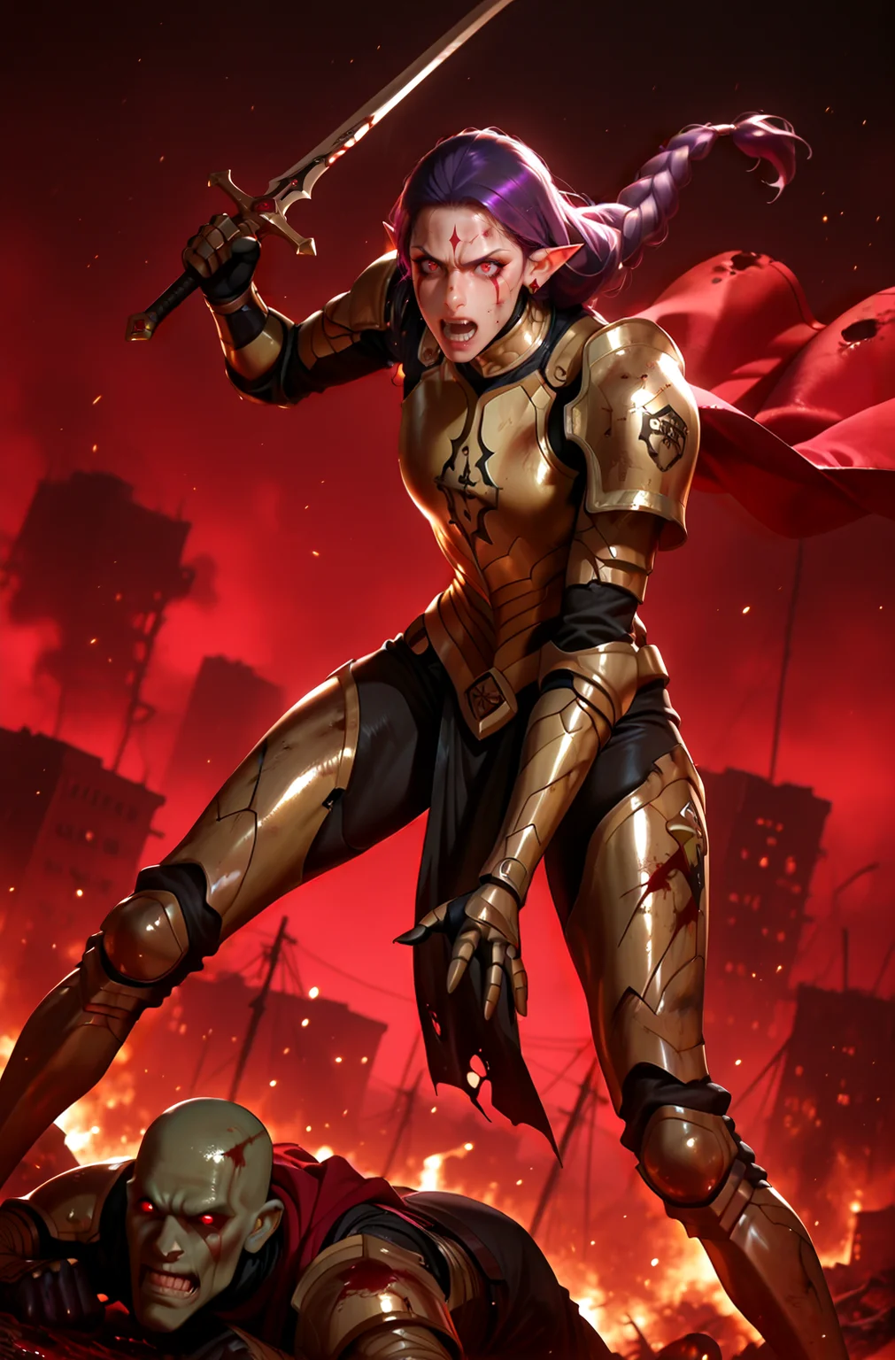 hyperrealistic art cinematic photo Volumetric Lighting, Vibrant Rim Light, masterpiece, best quality, amazing quality,  1girl, Esil Radiru, dutch angle,  holding sword, (standing),wearing gold and red armor, red cape, pauldrons, breastplate, gauntlets, torn fishnet stockings, pelvic curtain, greaves, single braid, long hair, purple hair, red eyes, facial mark, pointy ears, earrings, screaming, rage,
BREAK detailed background,battlefield, fog, smoke, red light, fire, fierce battle, dynamic pose, action pose, standing on pile of corpses,  killinga goblins with her sword, raytracing,
BREAK, primitive goblins wearings rags and leather,ugly goblins,  (green skin),  dead goblins on the ground, dirty, gore, scratches, bald goblin,  scratches, bloody daggers, blood splatters,
BREAK  <lora:SoloLeveling_EsilRadiru_IlluXL:0.8> <lora:MoriiMee_Gothic_Niji_Style_Illustrious_r1:0.75> artist:moriimee <lora:Sinfully_Stylish_1.0_Pony:0.8> sinfully stylish, dramatic lighting, soft light, long shadows, bright rim light, high contrast, bold edge light, light depth, dramatic atmospheric lighting, Volumetric Lighting . 35mm photograph, film, bokeh, professional, 4k, highly detailed . extremely high-resolution details, photographic, realism pushed to extreme, fine texture, incredibly lifelike