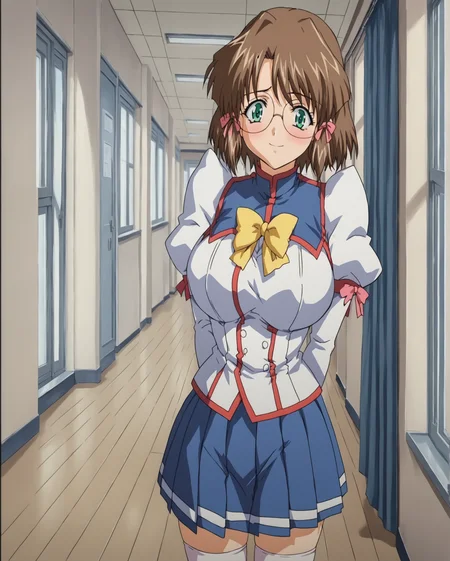 score_9, score_8_up, score_7_up, source_anime 1girl, true blue kaya, solo, female focus, short hair, brown hair, hair ribbon, bangs, looking at viewer, green eyes, glasses, blush, (school uniform), skirt, thighhighs, standing, smile, hands behind back, large breasts, long sleeves, white jacket, blue skirt, miniskirt, puffy sleeves, pleated skirt, cowboy shot, hetero, depth of field, indoors, school, <lora:Kaya_-_ã«ã¤_TRUE_BLUE_Gaiden_for_Pony:1>, rating_questionable
